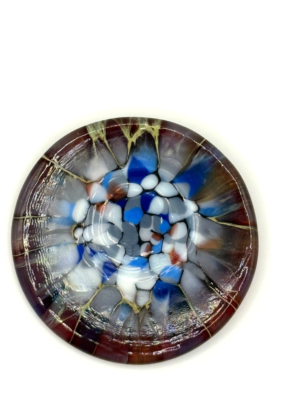 Vintage Fused Art Glass Brooch Pin Blue White Rust Mosaic Round 2" Handmade OOAK